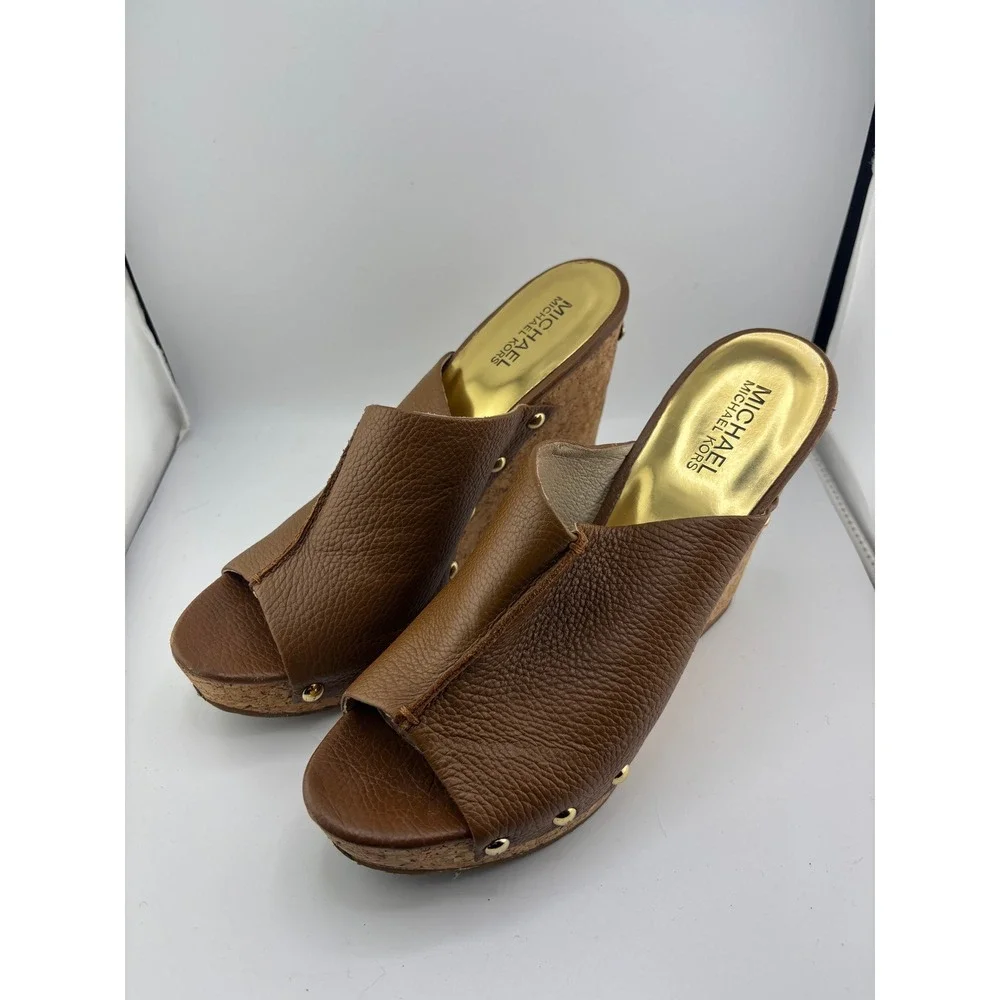Michael Michael Kors Brown Pebbled Leather Studded Cork Wedge Sandals 9.5